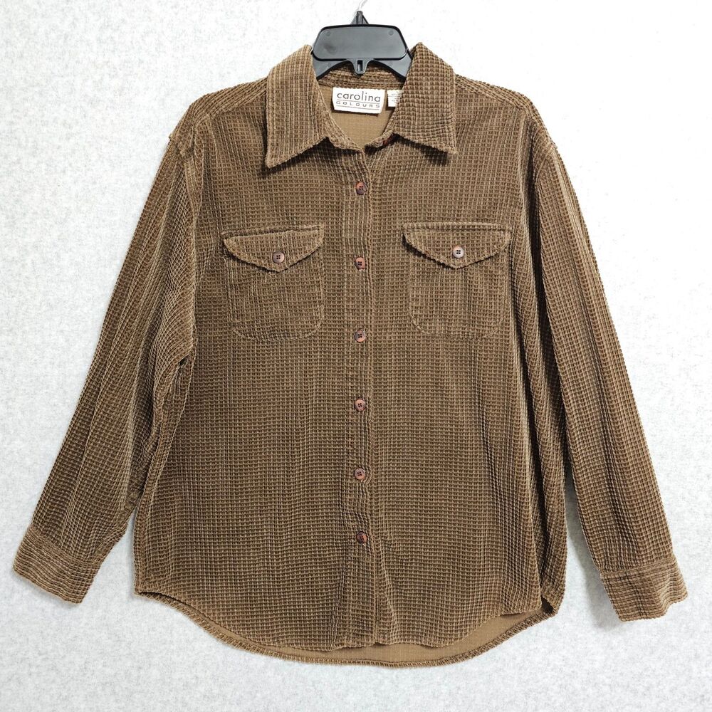 Vintage Carolina Colours Brown Waffle Grid Corduroy Button Up Shirt Size Large